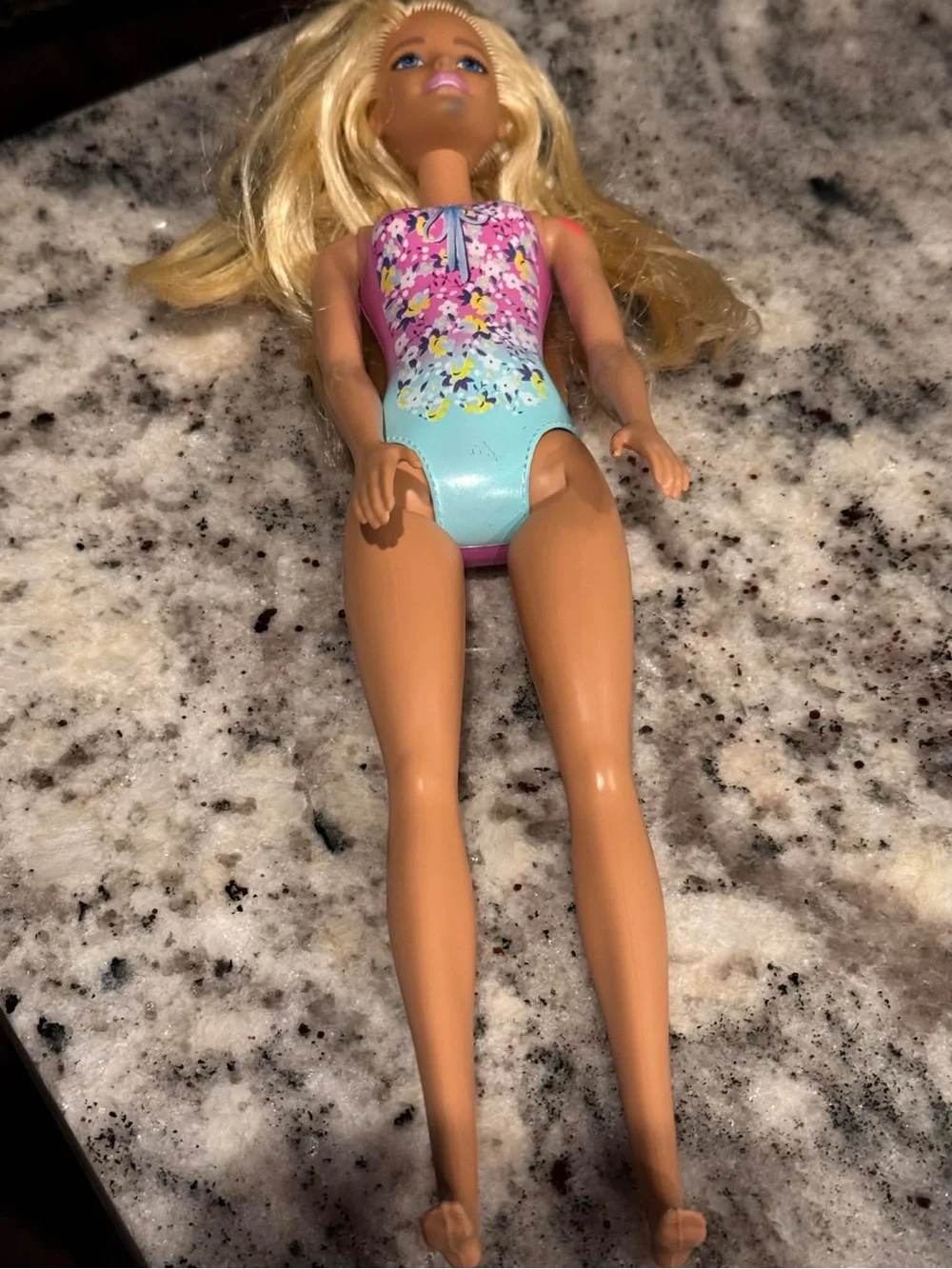 Barbie Blonde Doll in Pink and Aqua Floral Swimsuit